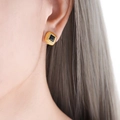Elegant gold square stud earrings with black gemstone inlay and radiant texture - Gold Black Glass Earrings
