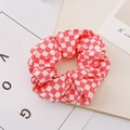 Checkerboard hair scrunchie with red and white plaid pattern in soft fabric material - Rose Red