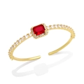Luxury gold open bangle with a central rectangular red zircon and sparkling accents - Red