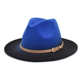 Detail of blue and black two-tone fedora hat with brown leather strap and gold buckle - M (56-58cm) / Royal Blue + Black