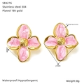 Dettagli per orecchini a fiore in smalto rosa e acciaio inossidabile placcato oro - Stile Semplice Rosa a 4 Petali (SE827G)