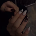 Uñas postizas almendradas Y2K burdeos con purpurina negra y lazos blancos art - Estilo de Lazo Negro Blanco Rojo Vino(JP4196)