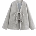 Light grey fuzzy tie-front cardigan jacket with soft plush texture for casual wear - S / Gray