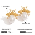 Detail of bee earrings with pearls and zircons showing size and waterproof features - Gold White Pearl Bee
