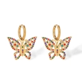 Dettaglio di orecchini a farfalla in oro 18K con cristalli colorati intarsiati - Orecchini a farfalla dorati con strass