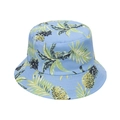 Close-up of tropical pineapple and palm leaf print on light blue cotton bucket hat - 58cm / Light Blue Palm (A)