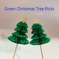Green honeycomb paper Christmas tree picks with gold star toppers for party desserts - Green Christmas Tree Picks