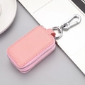 Pink lychee texture genuine leather key case with silver zipper and large metal hook - Without Window / Pink