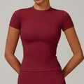 Women's quick-dry yoga t-shirt in deep wine red, slim fit athletic short sleeve top - Cherry Red