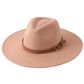 Classic wide-brim felt fedora hat in camel wool with fringed leather band and metal ring - Adult 58cm One Size / Camel
