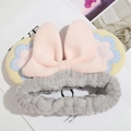 Soft plush floral headband with pink bow for makeup and washing face in gray coral fleece - Gray