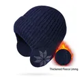Winter thermal ear-flap knit hat in navy blue with thick warm fleece lining and snowflake pattern - Navy Blue