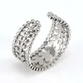 Silver open ring with hollow leaf pattern and beaded edge detail for women - Adjustable Open / Silver (038-Steel Color)