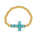 Gold beaded cross bracelet with sky blue zircon rectangular gems for women minimalist style - Light Blue