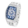 Silver iced-out tonneau watch with blue dial and diamond-encrusted metal strap for men - Silver & Blue