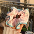 Pink and white striped hair scrunchie with heart pattern and blue trim - Blue Trim Heart Stripe Scrunchie