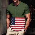 Men's army green polo shirt with 3D American flag print and classic lapel collar - S / Army Green