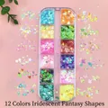 Set of 12 color iridescent nail sequins in star, moon, and butterfly shapes in a clear box - T-354 (Iridescent Irregular Shapes)