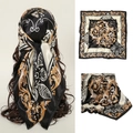 Silk square scarf with baroque patterns in black, white, and gold colors for women - FJ198-Baroque Black Gold