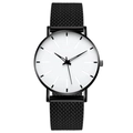 Macro shot of minimalist white dial with black mesh strap and sleek metal case textures - Black Band Black Case White Dial Black Indices