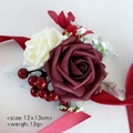 Artificial bridal wrist corsage with burgundy roses and green leaves for wedding decor - Burgundy