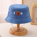 Close-up of blue cotton bucket hat featuring bear embroidery and white elastic chin strap - 54cm(3-10 Years) / Blue