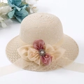 Beige foldable straw sun hat featuring a satin flower with pearl and long ribbons - Pearl Style - Beige