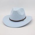 Close-up of light blue felt cowboy hat featuring a brown leather braided band and metal buckle - Sky Blue