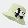 Detail view of light green cotton bucket hat featuring a 3D plush panda and white woven label - M (56-58cm) / Light Green