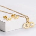 Golden infinity symbol necklace and stud earrings set on a clean white background - Infinity Symbol