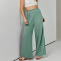 Pantaloni a gamba larga in cotone e lino verde Morandi con vita elasticizzata - Taglia S / Verde menta