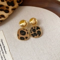 Elegant gold square earrings with leopard print fabric inlay and retro aesthetic finish - Square Style