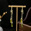 Chinese vintage bamboo leaf tassel earrings with green pendants and white pearls - E5205-2/Gold Bamboo Pearl