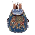 Ethnic blue canvas backpack featuring embroidered elephant patterns with flap closure - Indigo Embroidered Elephant