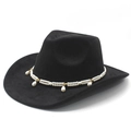Sombrero vaquero negro de fieltro con cadenas de perlas elegantes y colgantes de gota - Negro