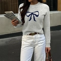 Gray long-sleeved knit sweater with a dark blue bow pattern on the chest for women - S / Gray