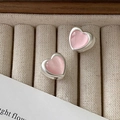 Elegant heart earrings with pink cat-eye stone inlay and silver metallic matte finish - Pink Cat Eye Stone Heart Stud Earrings(ED2044)