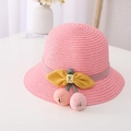 Pink straw sun hat for kids featuring a yellow corduroy bow and cherry pompoms - Kids 54cm / Single Hat / Watermelon red
