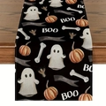 Halloween table runner with pumpkins and ghosts on a rustic wooden background - Black Background Ghost Pumpkin Bat Pattern