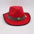Red felt wide brim fedora hat with ethnic turquoise beads and colorful tassels decor - One Size / Red With Black Edge