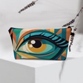 Detail of waterproof Evil Eye makeup bag with colorful geometric patterns on display - Geo Patchwork Multi-Eye