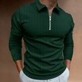 Men's slim fit long sleeve Polo shirt in dark green with vertical stripes and zipper - Green