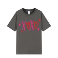 Dark grey cotton T-shirt featuring a pink and red XOXO heart print in a relaxed fit - Dark Grey (XOXO Print)