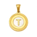 Golden stainless steel alphabet pendant T with white shell inlay and twisted rope edge - Letter T(S-P005-T)