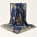 Elegant navy blue square satin scarf featuring golden chain and leopard print patterns - 90*90cm / Navy Blue