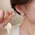 Elegant gold pearl stud earrings with circular drop design worn by a female model - 3# Pearl Geometric Studs