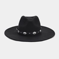 Close-up of black wide brim wool fedora with vintage silver rivets and embossed buckles - M (56-58cm) / Silver Metal Embossed Buckle Style (Color 9#)