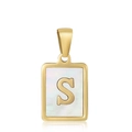 Golden square pendant with white mother of pearl and a gold letter S design - Letter S