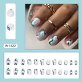 Short irregular blue and white wavy press-on nails set with minimalist nail art - Glue Type / Blue White Curve (W1322)