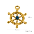 Detail of 20mm gold ship wheel pendant with blue rhinestone and product dimensions - Gold With Blue Zirconia (YTP2412078-5)